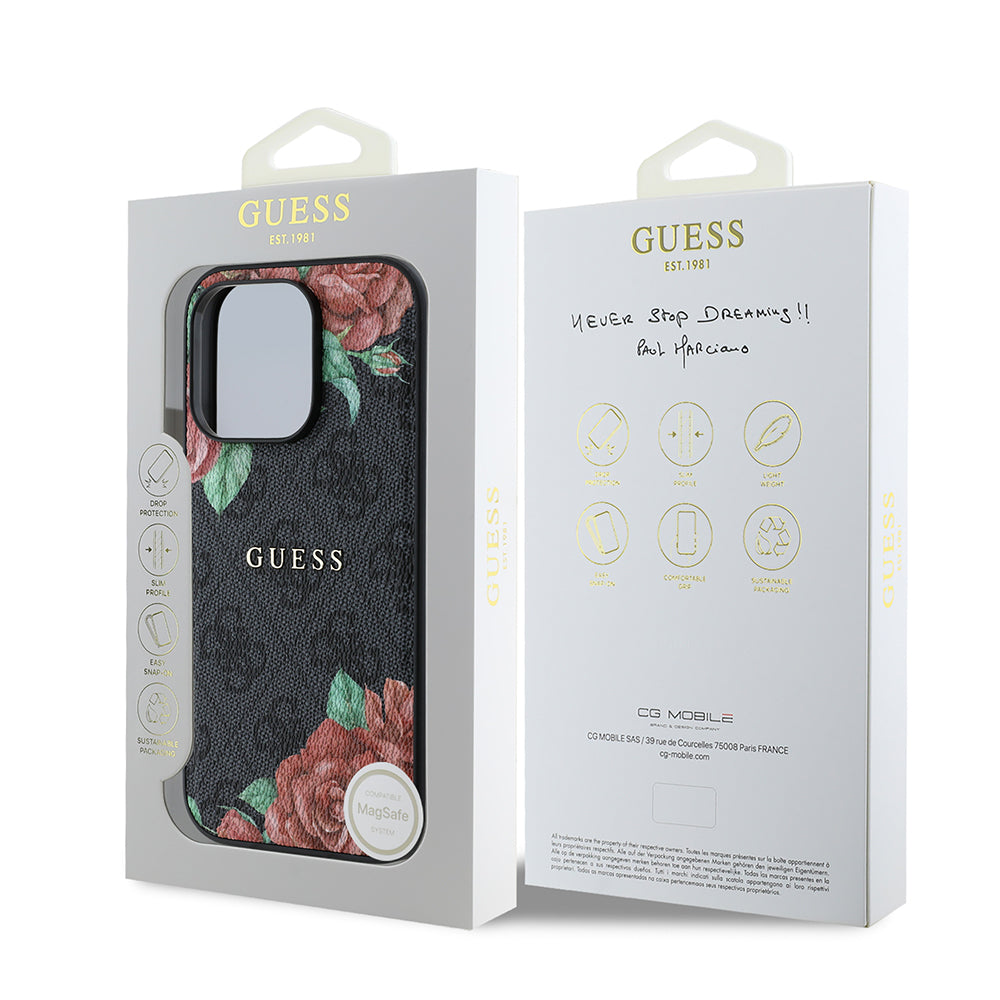 iPhone 14 Pro Kılıf Guess Orjinal Lisanslı M-safe Şarj Özellikli Gül Baskılı 4G Desenli Yazı Logolu Kılıf