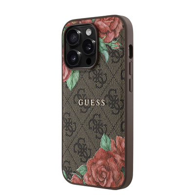 Apple iPhone 14 Pro Kılıf Guess Orjinal Lisanslı Magsafe Şarj Özellikli Gül Baskılı 4G Desenli Yazı Logolu Kapak Kahverengi