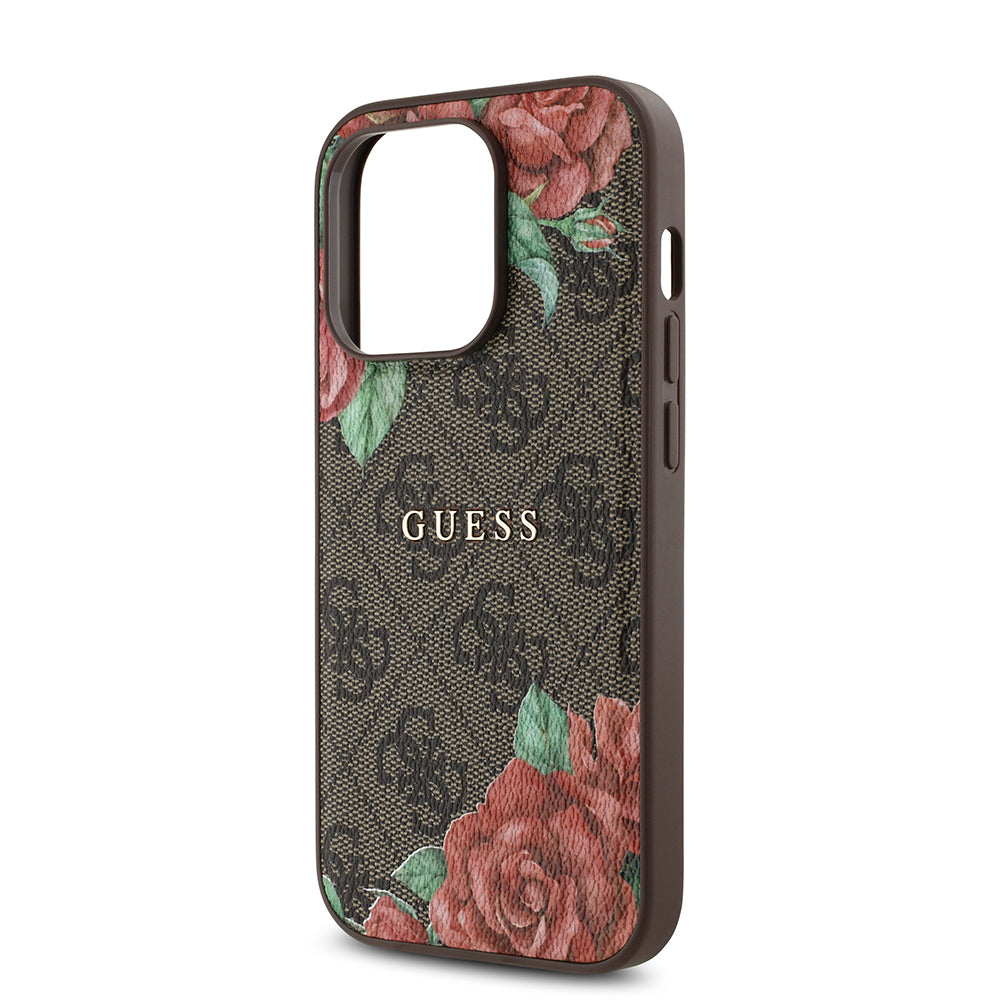 Apple iPhone 14 Pro Kılıf Guess Orjinal Lisanslı Magsafe Şarj Özellikli Gül Baskılı 4G Desenli Yazı Logolu Kapak Kahverengi