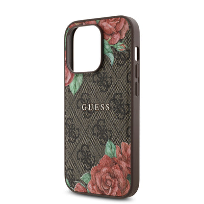 Apple iPhone 14 Pro Kılıf Guess Orjinal Lisanslı Magsafe Şarj Özellikli Gül Baskılı 4G Desenli Yazı Logolu Kapak Siyah