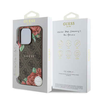 iPhone 14 Pro Kılıf Guess Orjinal Lisanslı M-safe Şarj Özellikli Gül Baskılı 4G Desenli Yazı Logolu Kılıf