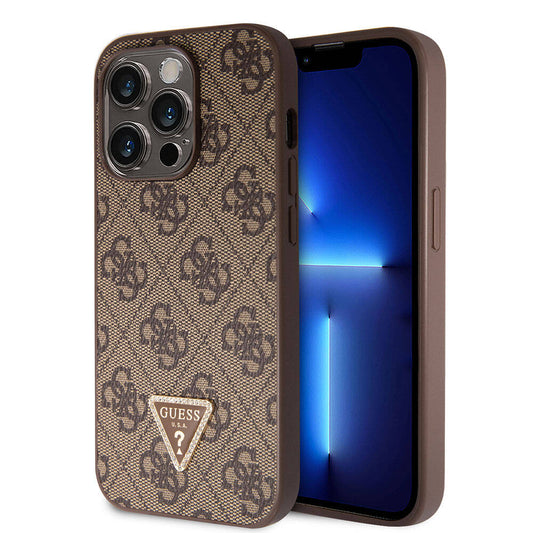iPhone 14 Pro Kılıf Guess Orjinal Lisanslı PU Deri Taşlı Üçgen Logo 4G Desenli Kılıf