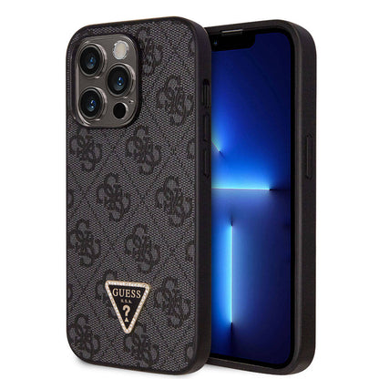 iPhone 14 Pro Kılıf Guess Orjinal Lisanslı PU Deri Taşlı Üçgen Logo 4G Desenli Kılıf
