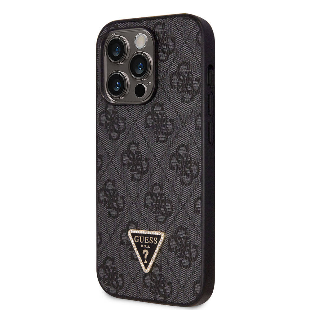 iPhone 14 Pro Kılıf Guess Orjinal Lisanslı PU Deri Taşlı Üçgen Logo 4G Desenli Kılıf