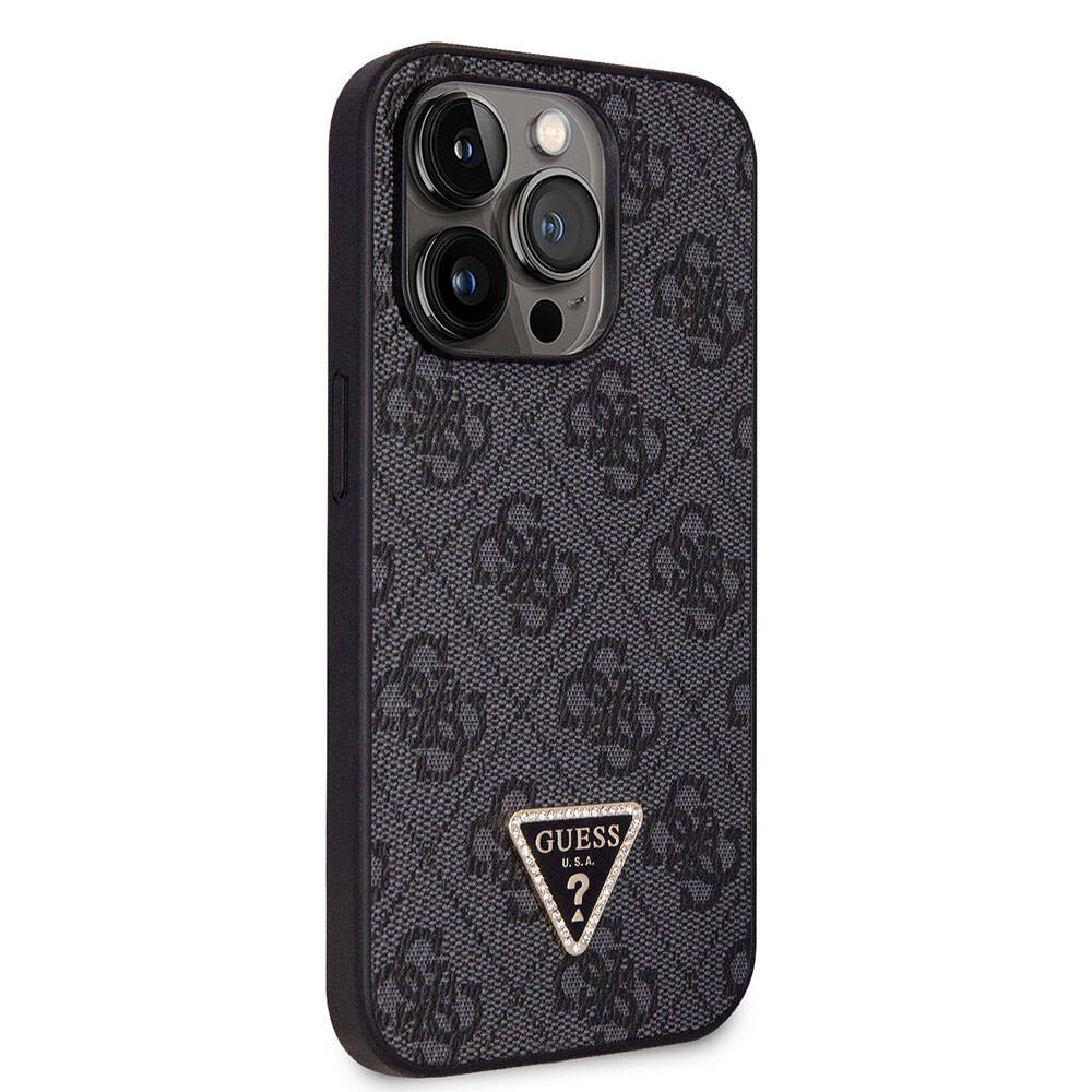 iPhone 14 Pro Kılıf Guess Orjinal Lisanslı PU Deri Taşlı Üçgen Logo 4G Desenli Kılıf