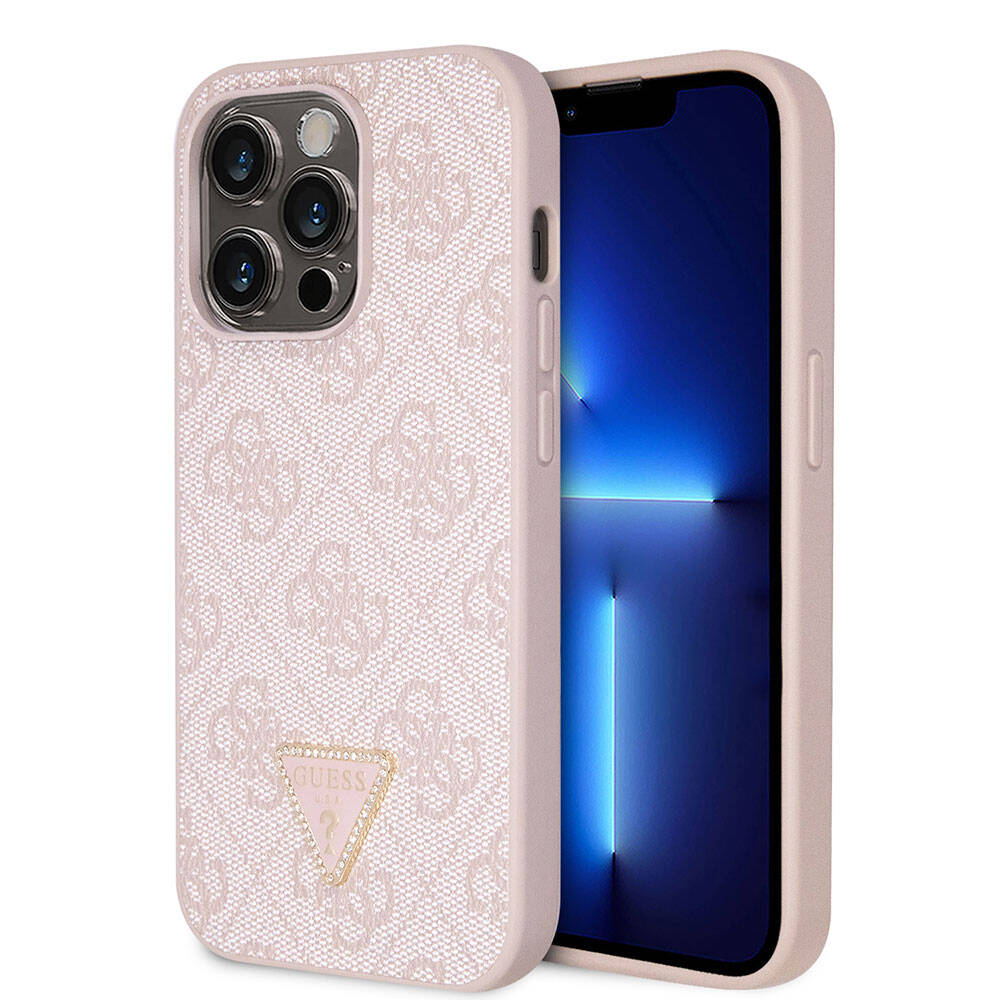 iPhone 14 Pro Kılıf Guess Orjinal Lisanslı PU Deri Taşlı Üçgen Logo 4G Desenli Kılıf