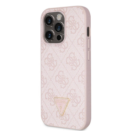 iPhone 14 Pro Kılıf Guess Orjinal Lisanslı PU Deri Taşlı Üçgen Logo 4G Desenli Kılıf