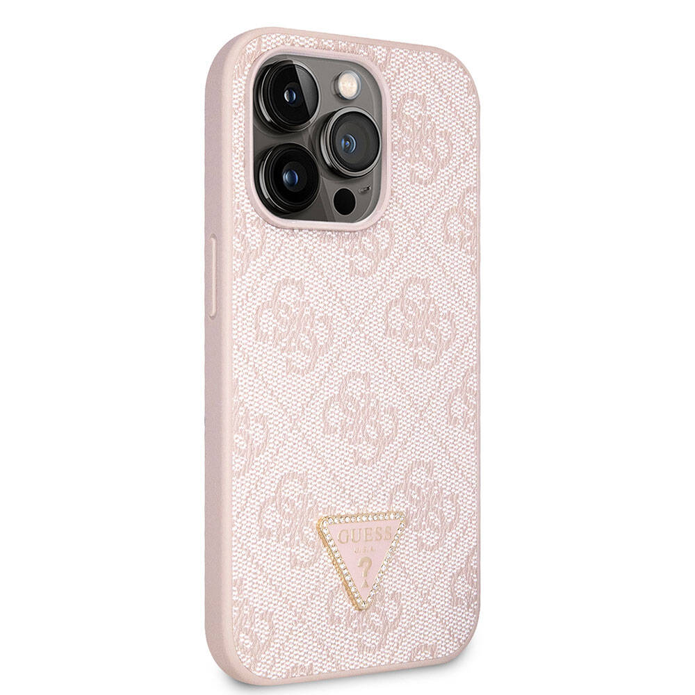 iPhone 14 Pro Kılıf Guess Orjinal Lisanslı PU Deri Taşlı Üçgen Logo 4G Desenli Kılıf
