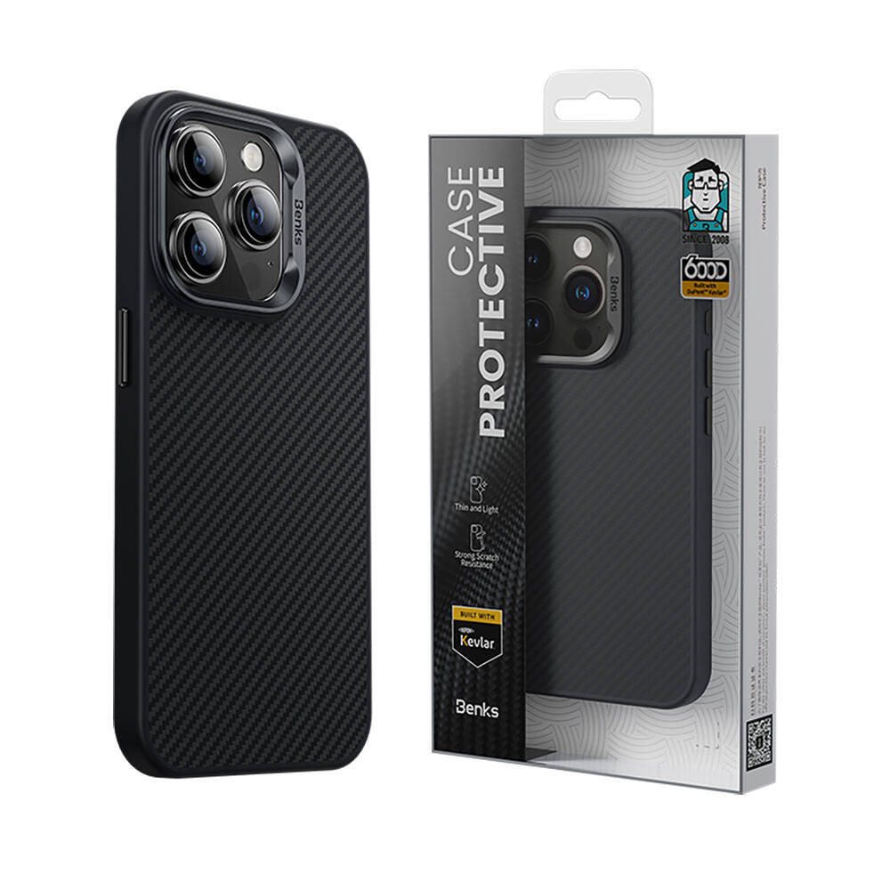 iPhone 14 Pro Kılıf Karbon Fiber M-safe Şarj Özellikli Benks Hybrid ArmorPro 600D Kevlar Kılıf