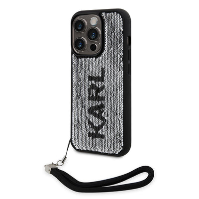 Apple iPhone 14 Pro Kılıf Karl Lagerfeld El Askısı İpli Hareketli Pullu Dizayn Kapak Siyah-Gümüş