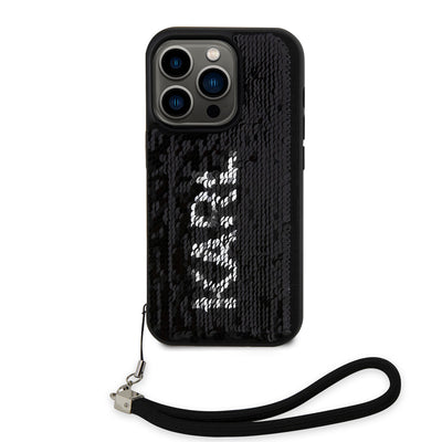 Apple iPhone 14 Pro Kılıf Karl Lagerfeld El Askısı İpli Hareketli Pullu Dizayn Kapak Siyah-Gümüş