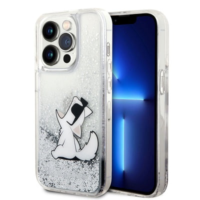 Apple iPhone 14 Pro Kılıf Karl Lagerfeld Sıvılı Simli Choupette Dizayn Kapak Gümüş
