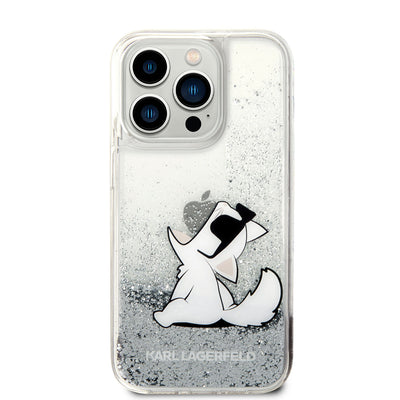 Apple iPhone 14 Pro Kılıf Karl Lagerfeld Sıvılı Simli Choupette Dizayn Kapak Gümüş