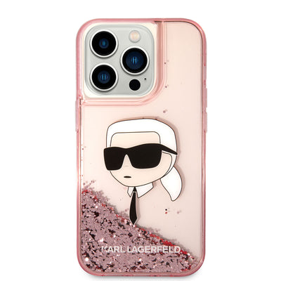 Apple iPhone 14 Pro Kılıf Karl Lagerfeld Sıvılı Simli Karl Head Dizayn Kapak Pembe