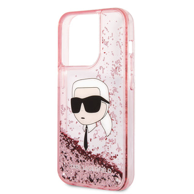 Apple iPhone 14 Pro Kılıf Karl Lagerfeld Sıvılı Simli Karl Head Dizayn Kapak Pembe