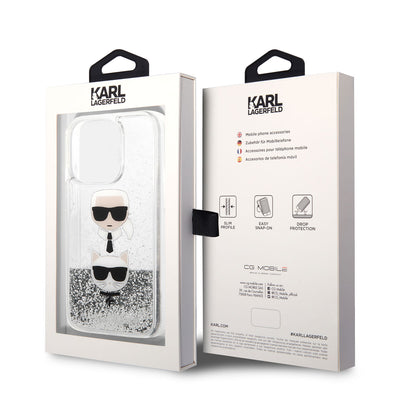 Apple iPhone 14 Pro Kılıf Karl Lagerfeld Sıvılı Simli K&C Head Dizayn Kapak Gümüş