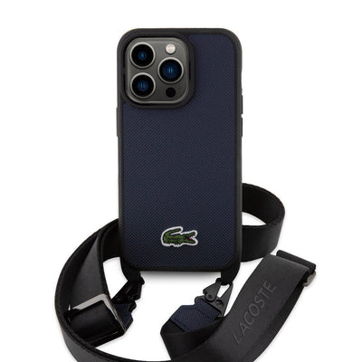 Apple iPhone 14 Pro Kılıf Lacoste Orjinal Lisanslı PU Pike Desenli Arka Yüzey Askılı İkonik Timsah Dokuma Logolu Kapak Siyah