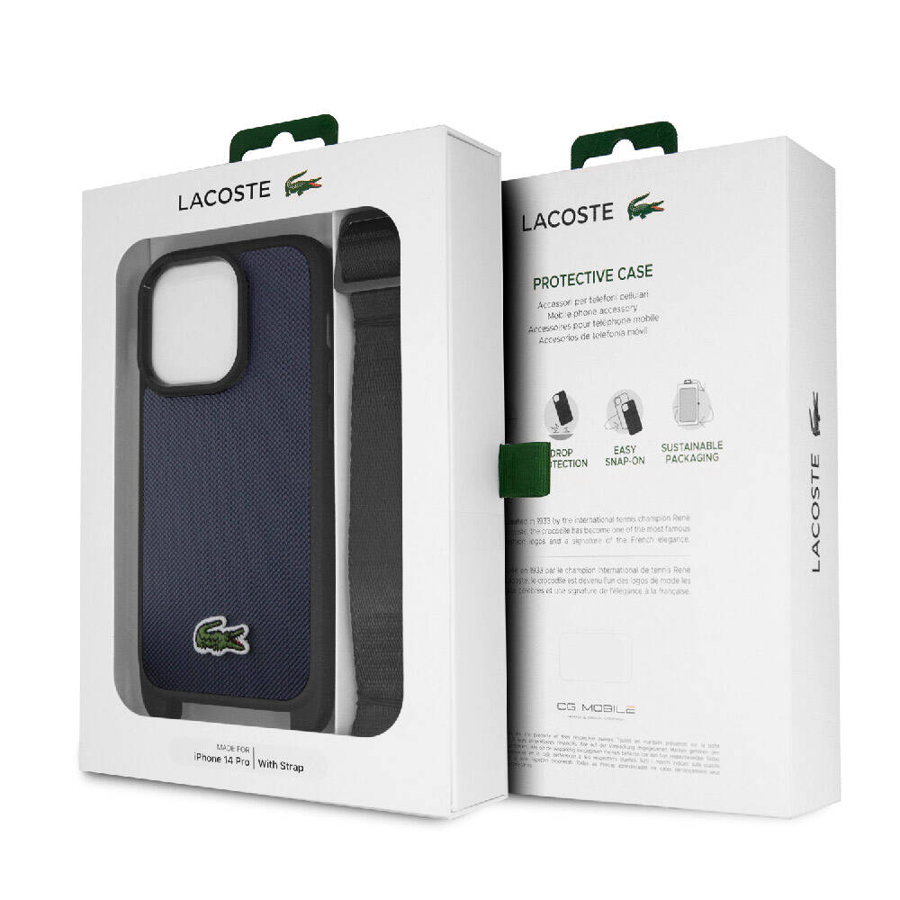 iPhone 14 Pro Kılıf Lacoste Orjinal Lisanslı PU Pike Desenli Arka Yüzey Askılı İkonik Timsah Dokuma Logolu Kılıf
