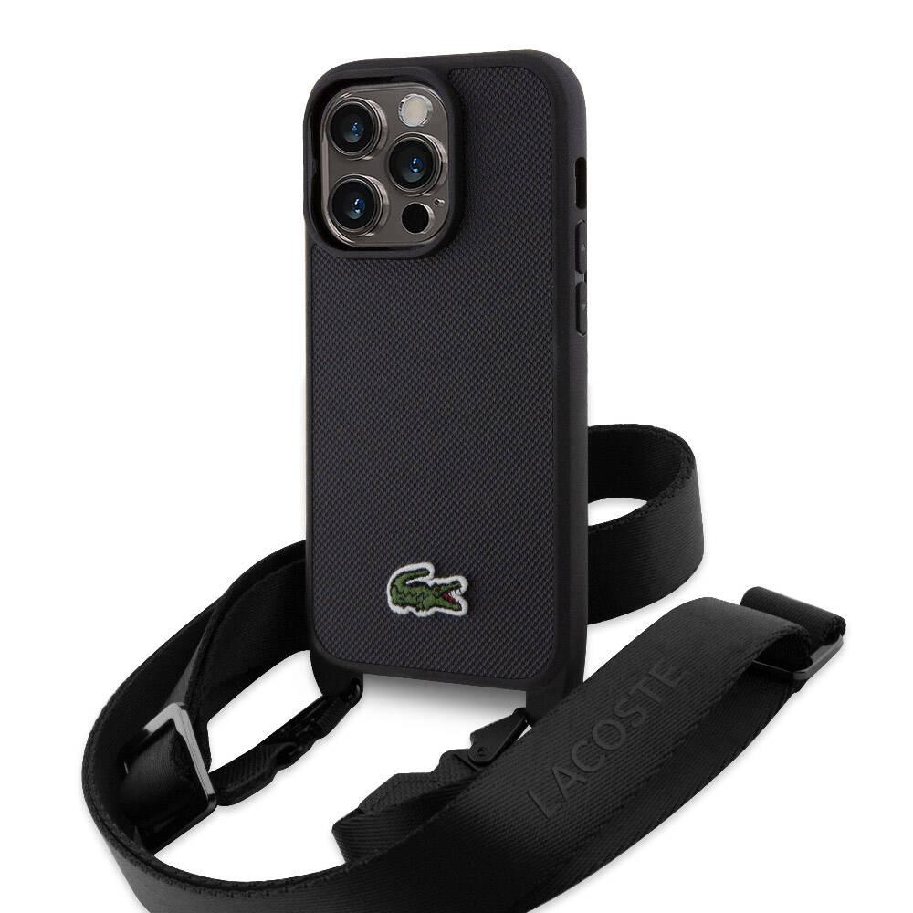 iPhone 14 Pro Kılıf Lacoste Orjinal Lisanslı PU Pike Desenli Arka Yüzey Askılı İkonik Timsah Dokuma Logolu Kılıf