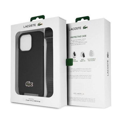 Apple iPhone 14 Pro Kılıf Lacoste Orjinal Lisanslı PU Pike Desenli Arka Yüzey Askılı İkonik Timsah Dokuma Logolu Kapak Lacivert