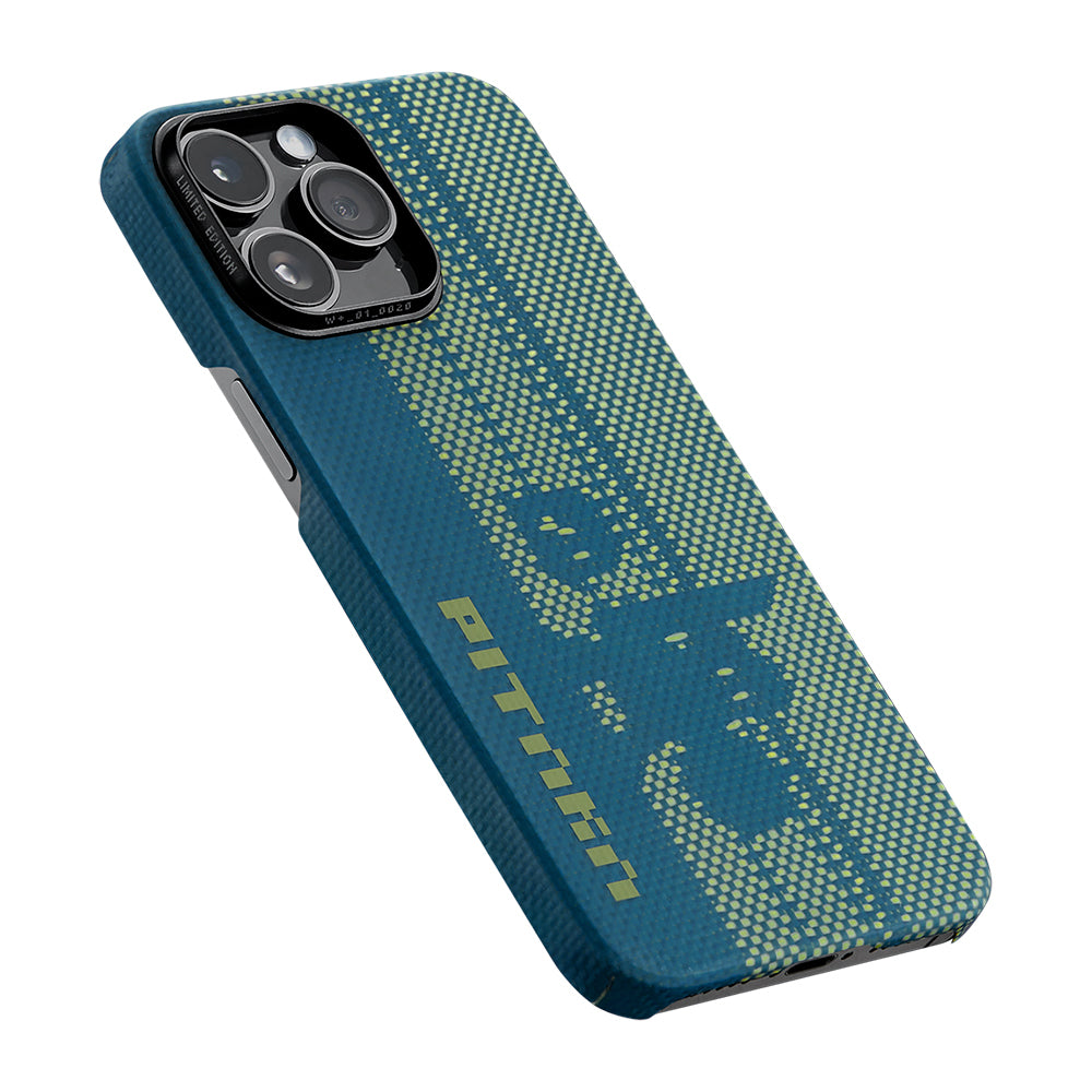 Apple iPhone 14 Pro Kılıf MagSafe Şarj Özellikli Aramid Fiber Pitaka Tactile Woven Pixel Game Kapak Yeşil-Mavi