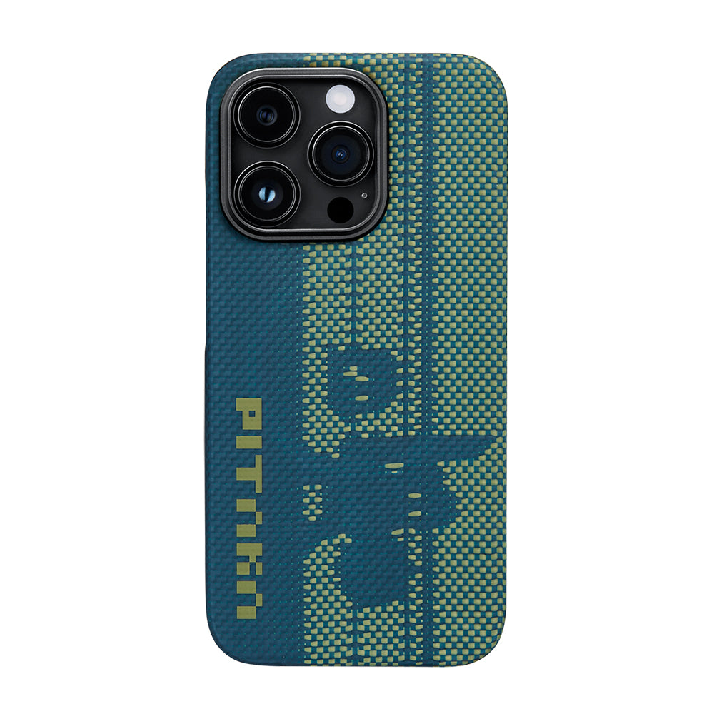 Apple iPhone 14 Pro Kılıf MagSafe Şarj Özellikli Aramid Fiber Pitaka Tactile Woven Pixel Game Kapak Yeşil-Mavi