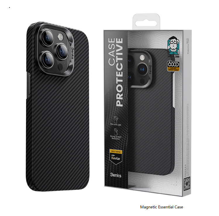 Apple iPhone 14 Pro Kılıf Magsafe Şarj Özellikli Karbon Fiber Benks MFM Lisanslı 600D Essential Kevlar Kapak Siyah