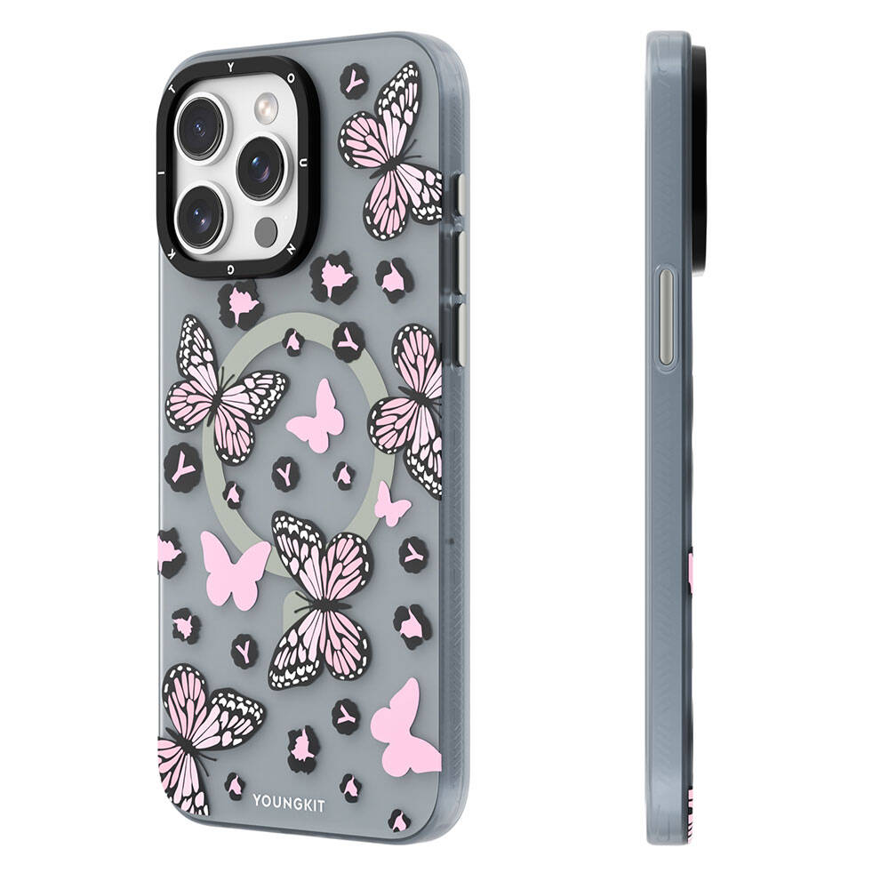 Apple iPhone 14 Pro Kılıf Magsafe Şarj Özellikli Kelebek Desenli Youngkit Shadow Dance Serisi Kapak Gri