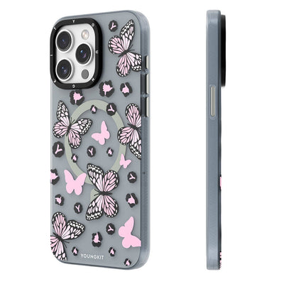 Apple iPhone 14 Pro Kılıf Magsafe Şarj Özellikli Kelebek Desenli Youngkit Shadow Dance Serisi Kapak Gri