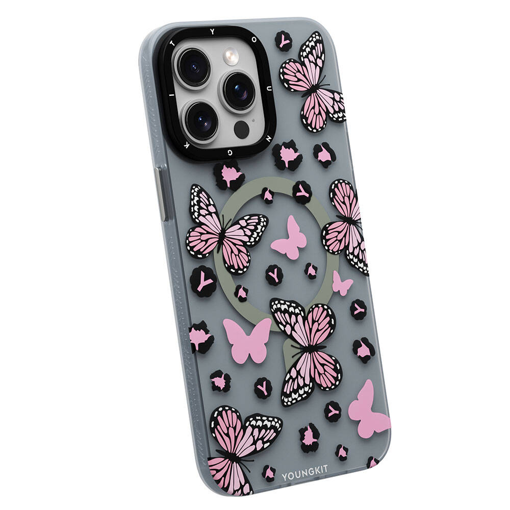 Apple iPhone 14 Pro Kılıf Magsafe Şarj Özellikli Kelebek Desenli Youngkit Shadow Dance Serisi Kapak Pembe