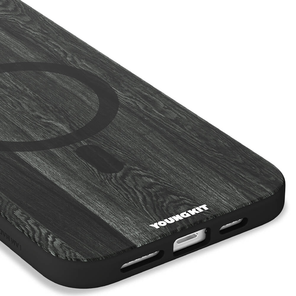 Apple iPhone 14 Pro Kılıf Magsafe Şarj Özellikli Sararmaya Dayanıklı Youngkit Wood Forest Serisi Kapak Siyah