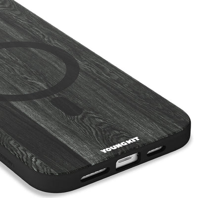 Apple iPhone 14 Pro Kılıf Magsafe Şarj Özellikli Sararmaya Dayanıklı Youngkit Wood Forest Serisi Kapak Siyah