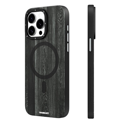 Apple iPhone 14 Pro Kılıf Magsafe Şarj Özellikli Sararmaya Dayanıklı Youngkit Wood Forest Serisi Kapak Siyah