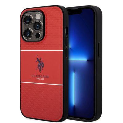 Apple iPhone 14 Pro Kılıf U.S. POLO ASSN. Deri Şeritli Logo Dizayn Kapak Kırmızı