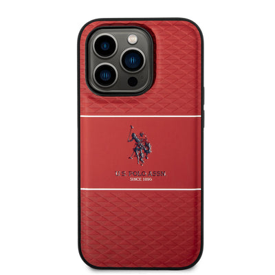 Apple iPhone 14 Pro Kılıf U.S. POLO ASSN. Deri Şeritli Logo Dizayn Kapak Kırmızı