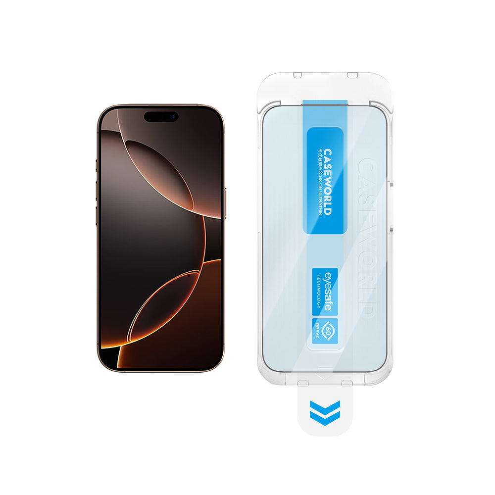 iPhone 14 Pro Max CaseWorld Applicator Serisi 2.5D Eyesafe Mavi Işık Teknolojili 0.33mm Temperli Cam Ekran Koruyucu + Uygulama Aparatı