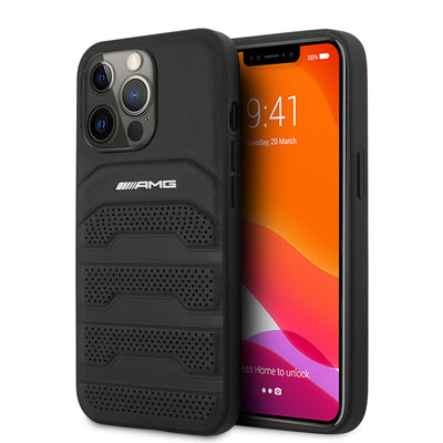 Apple iPhone 14 Pro Max Kılıf AMG Leather Deri Çizgili Kabartmalı Dizayn Kapak Siyah