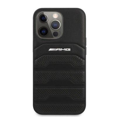 Apple iPhone 14 Pro Max Kılıf AMG Leather Deri Çizgili Kabartmalı Dizayn Kapak Siyah