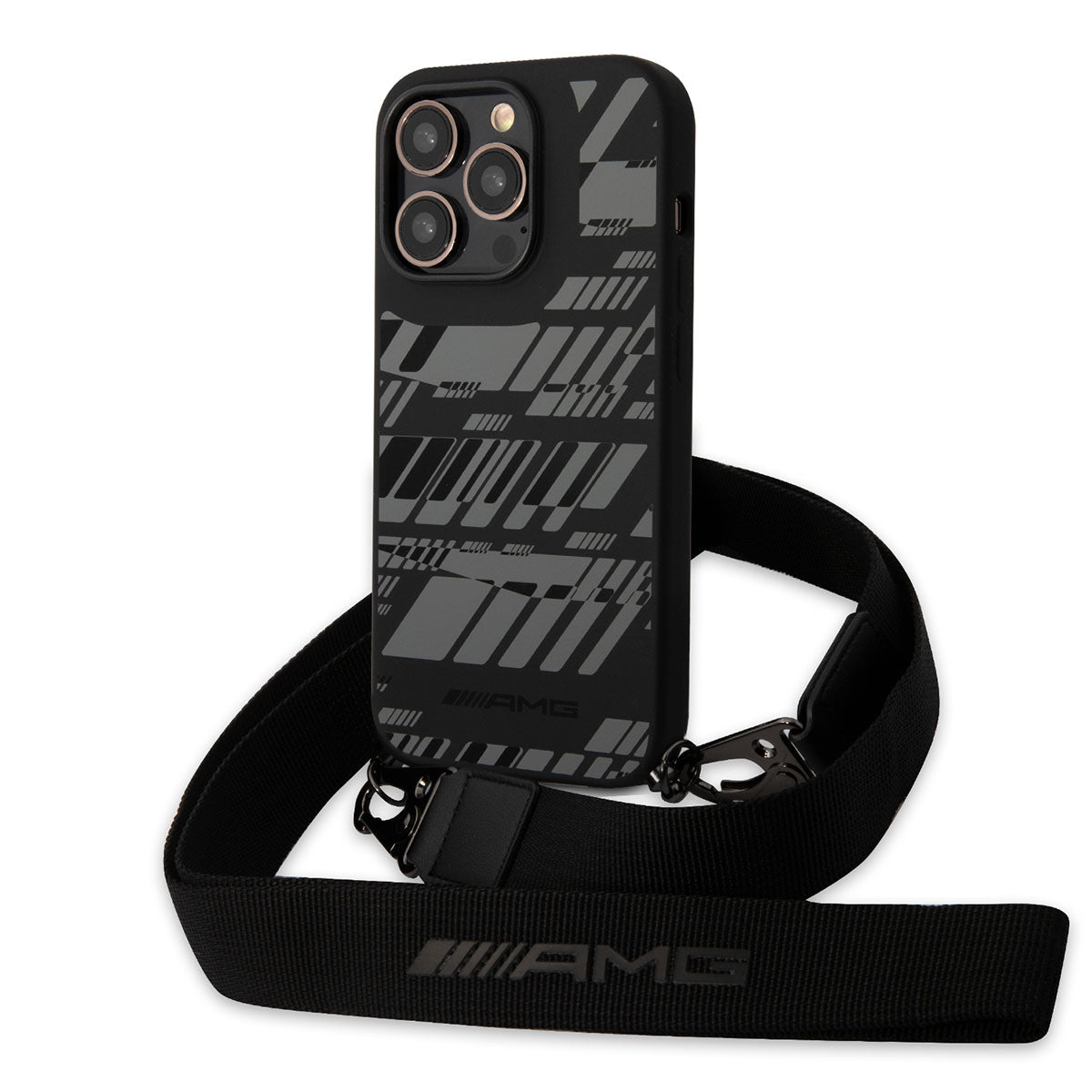 Apple iPhone 14 Pro Max Kılıf AMG Liquid Silikon Strap Telefon Askılı Grafik Dizayn Kapak Siyah