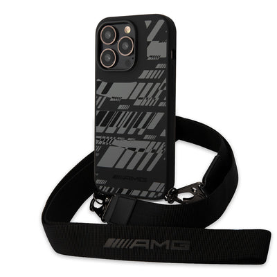 Apple iPhone 14 Pro Max Kılıf AMG Liquid Silikon Strap Telefon Askılı Grafik Dizayn Kapak Siyah