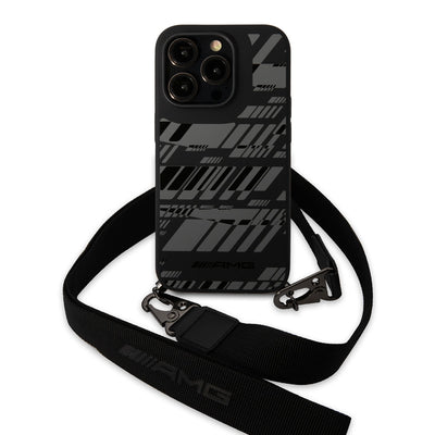 Apple iPhone 14 Pro Max Kılıf AMG Liquid Silikon Strap Telefon Askılı Grafik Dizayn Kapak Siyah