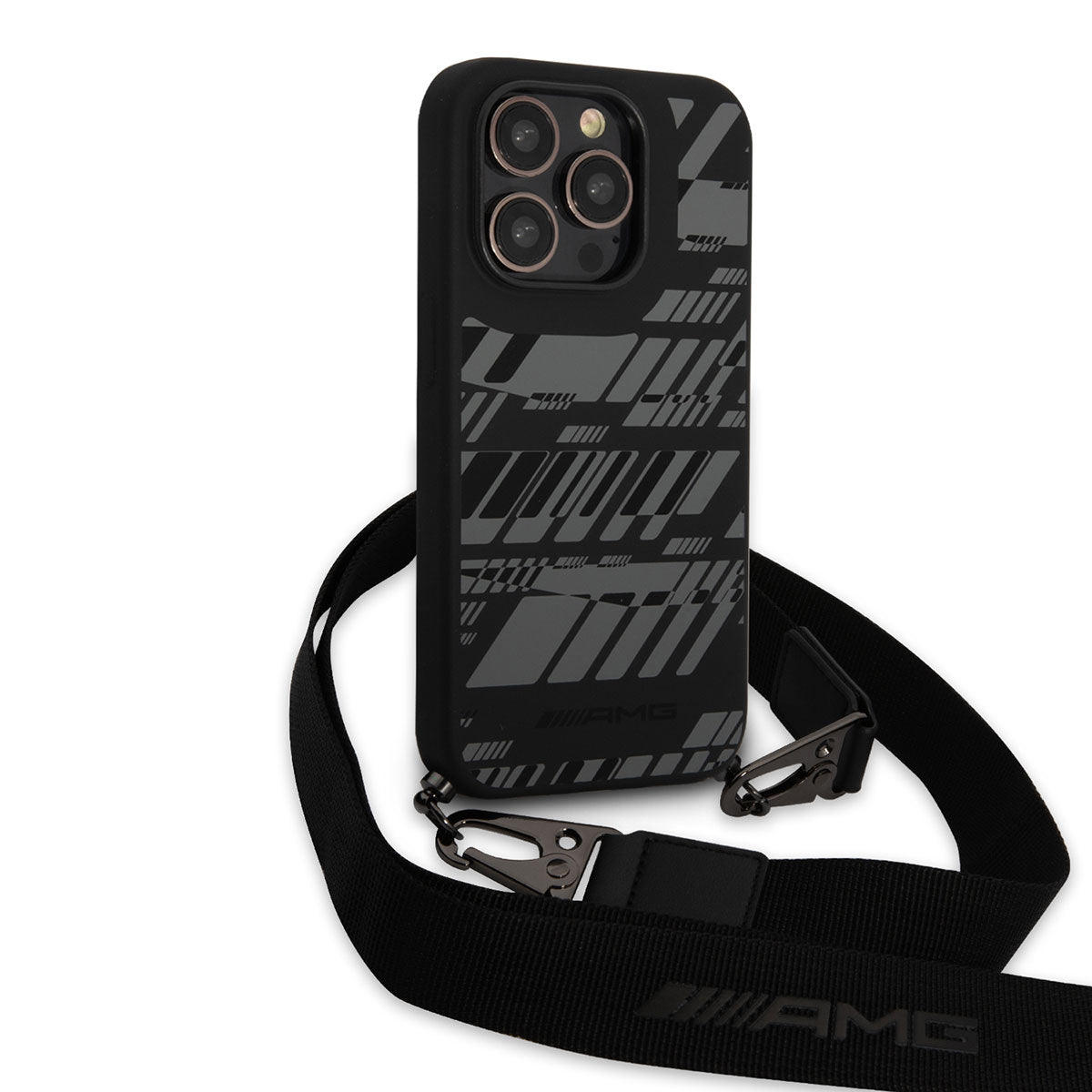 Apple iPhone 14 Pro Max Kılıf AMG Liquid Silikon Strap Telefon Askılı Grafik Dizayn Kapak Siyah
