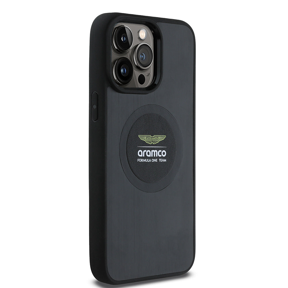 Apple iPhone 14 Pro Max Kılıf Aston Martin Orjinal Lisanslı M-safe Şarj Özellikli Aluminyum Arka Yüzeyli Formula One Team Baskılı Kapak Siyah