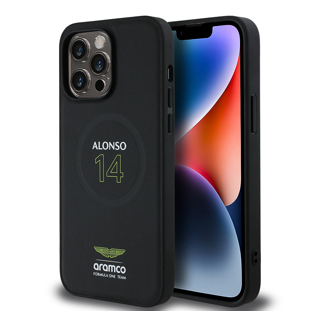 Apple iPhone 14 Pro Max Kılıf Aston Martin Orjinal Lisanslı M-safe Şarj Özellikli PU Deri Alonso 14 Baskılı Kapak Siyah