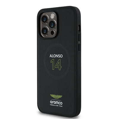 Apple iPhone 14 Pro Max Kılıf Aston Martin Orjinal Lisanslı M-safe Şarj Özellikli PU Deri Alonso 14 Baskılı Kapak Siyah