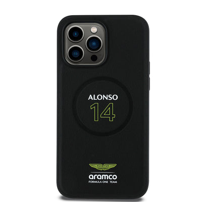 Apple iPhone 14 Pro Max Kılıf Aston Martin Orjinal Lisanslı M-safe Şarj Özellikli PU Deri Alonso 14 Baskılı Kapak Siyah
