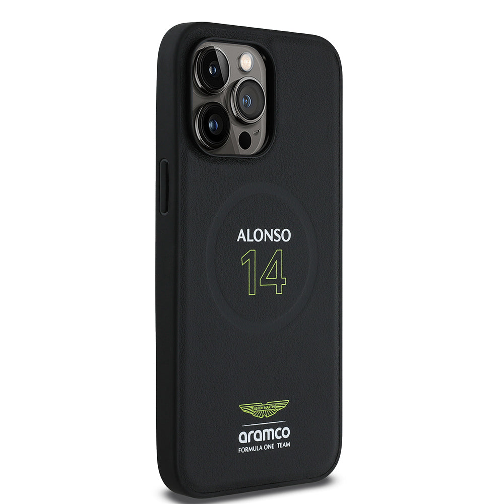 Apple iPhone 14 Pro Max Kılıf Aston Martin Orjinal Lisanslı M-safe Şarj Özellikli PU Deri Alonso 14 Baskılı Kapak Siyah