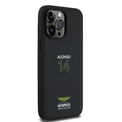 Apple iPhone 14 Pro Max Kılıf Aston Martin Orjinal Lisanslı M-safe Şarj Özellikli PU Deri Alonso 14 Baskılı Kapak Siyah