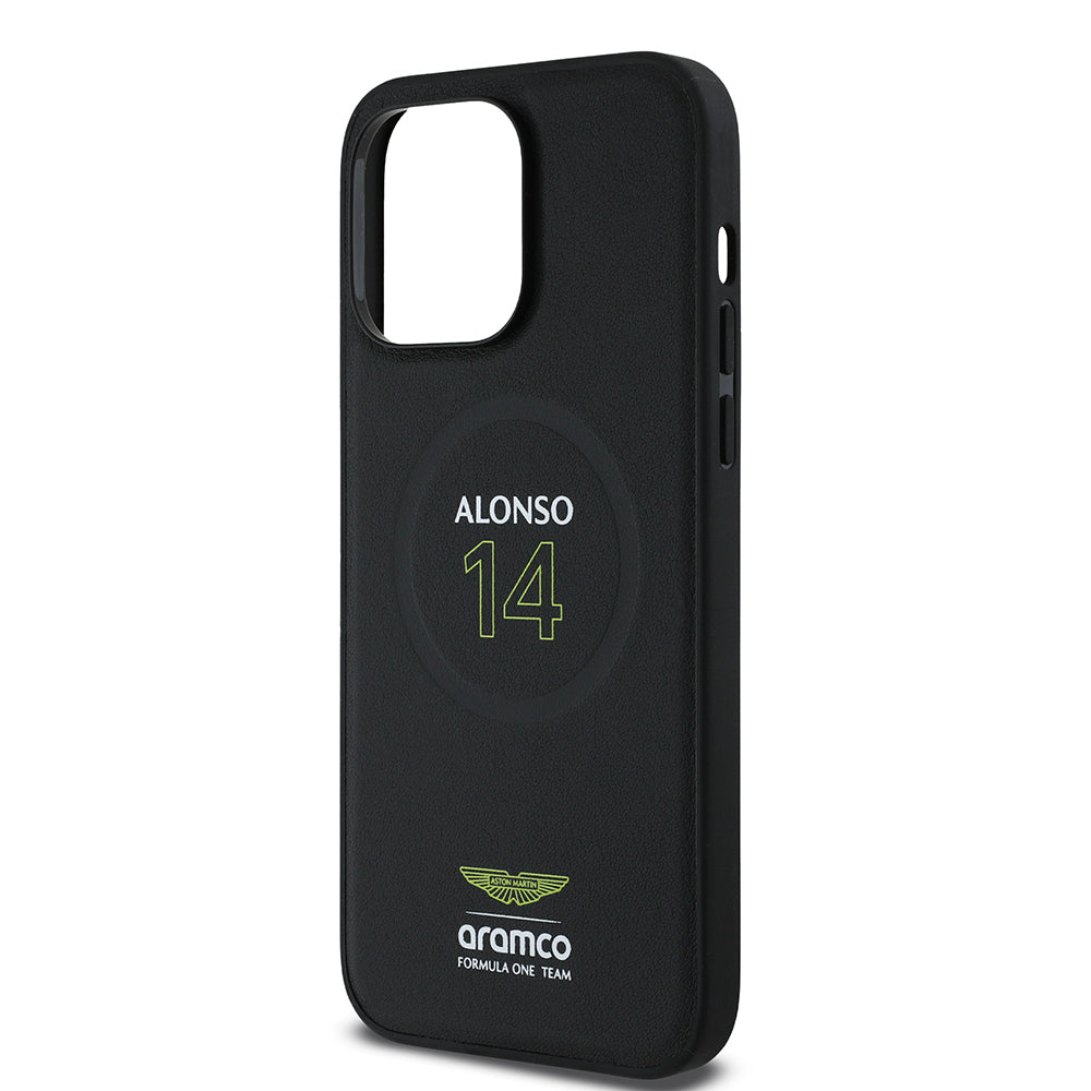 Apple iPhone 14 Pro Max Kılıf Aston Martin Orjinal Lisanslı M-safe Şarj Özellikli PU Deri Alonso 14 Baskılı Kapak Siyah