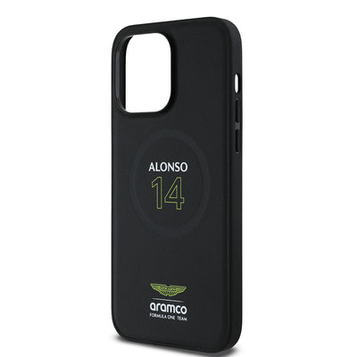 Apple iPhone 14 Pro Max Kılıf Aston Martin Orjinal Lisanslı M-safe Şarj Özellikli PU Deri Alonso 14 Baskılı Kapak Siyah